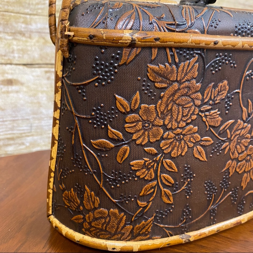 Wood purse box bag tooled floral Asian inspired small - Picture 3 of 16